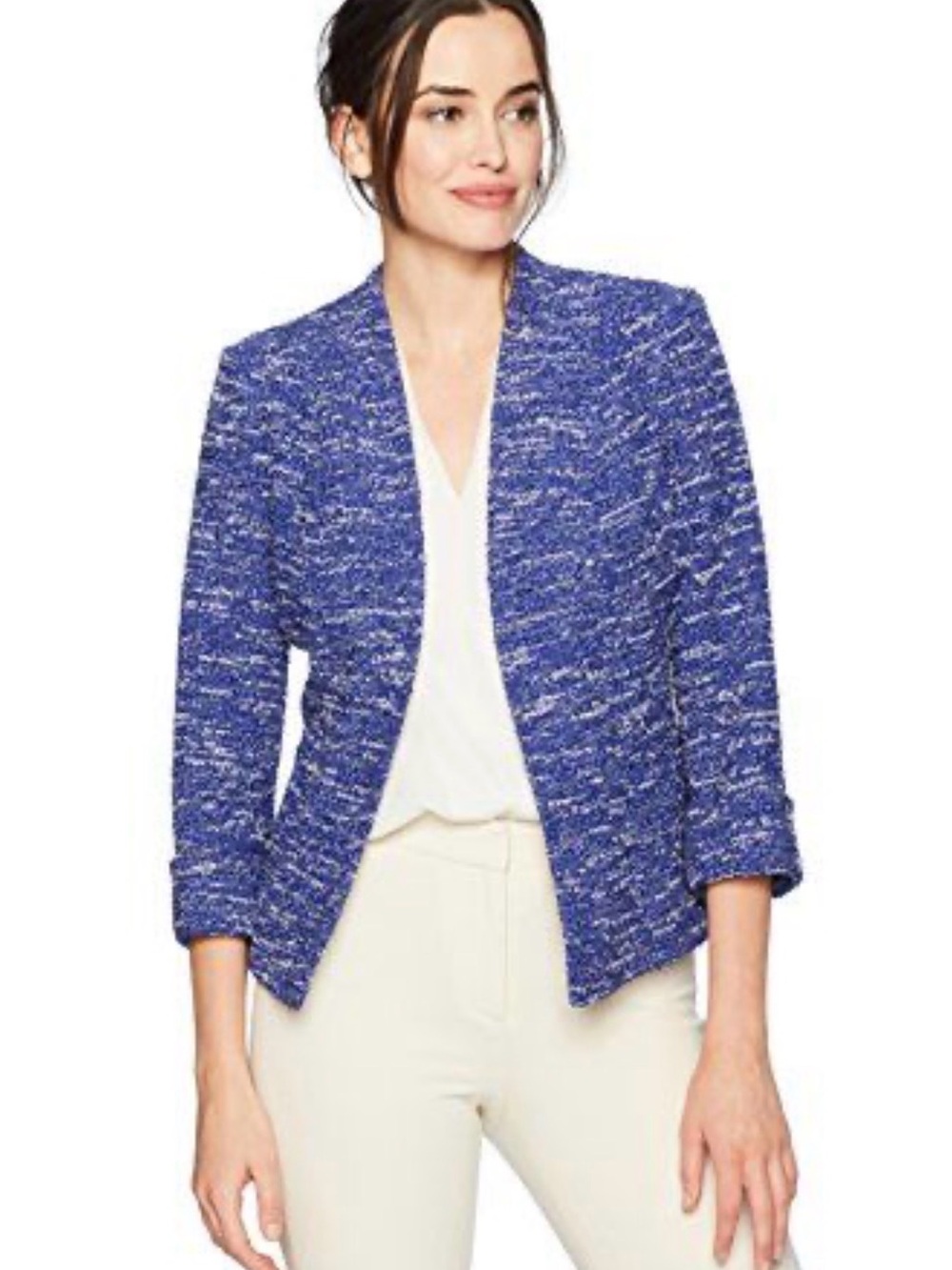 Kasper Blue Multi Bouclé Cropped Open Front Blazer Size 12